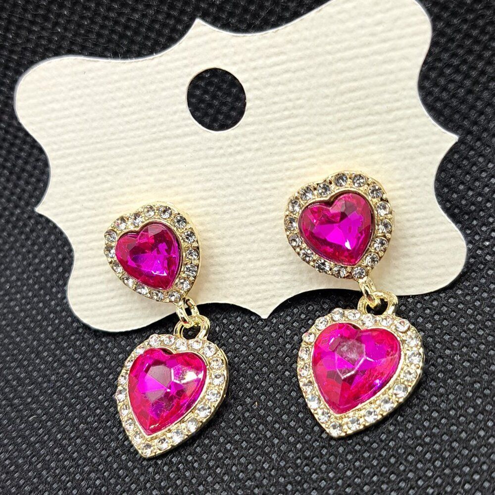 Double Heart- Bright Pink Earrings